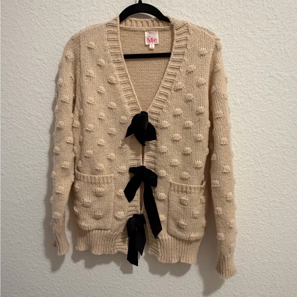 So Me Women's Cream Cardigan with Black Bow Details